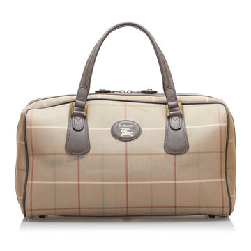 BURBERRY check Boston bag khaki brown canvas leather Lady's