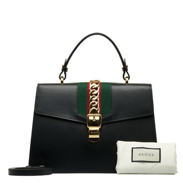 GUCCI Sylvie Handbag Shoulder Bag 431665 Black Gold Leather Women's