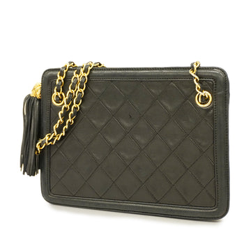 CHANELAuth  Matelasse Chain Shoulder With Fringes Leather Black