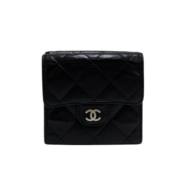 CHANEL Matelasse Lambskin Leather Genuine W Hook Bifold Wallet Black