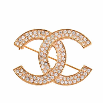 CHANEL Rhinestone Coco Mark Brooch Gold Ladies