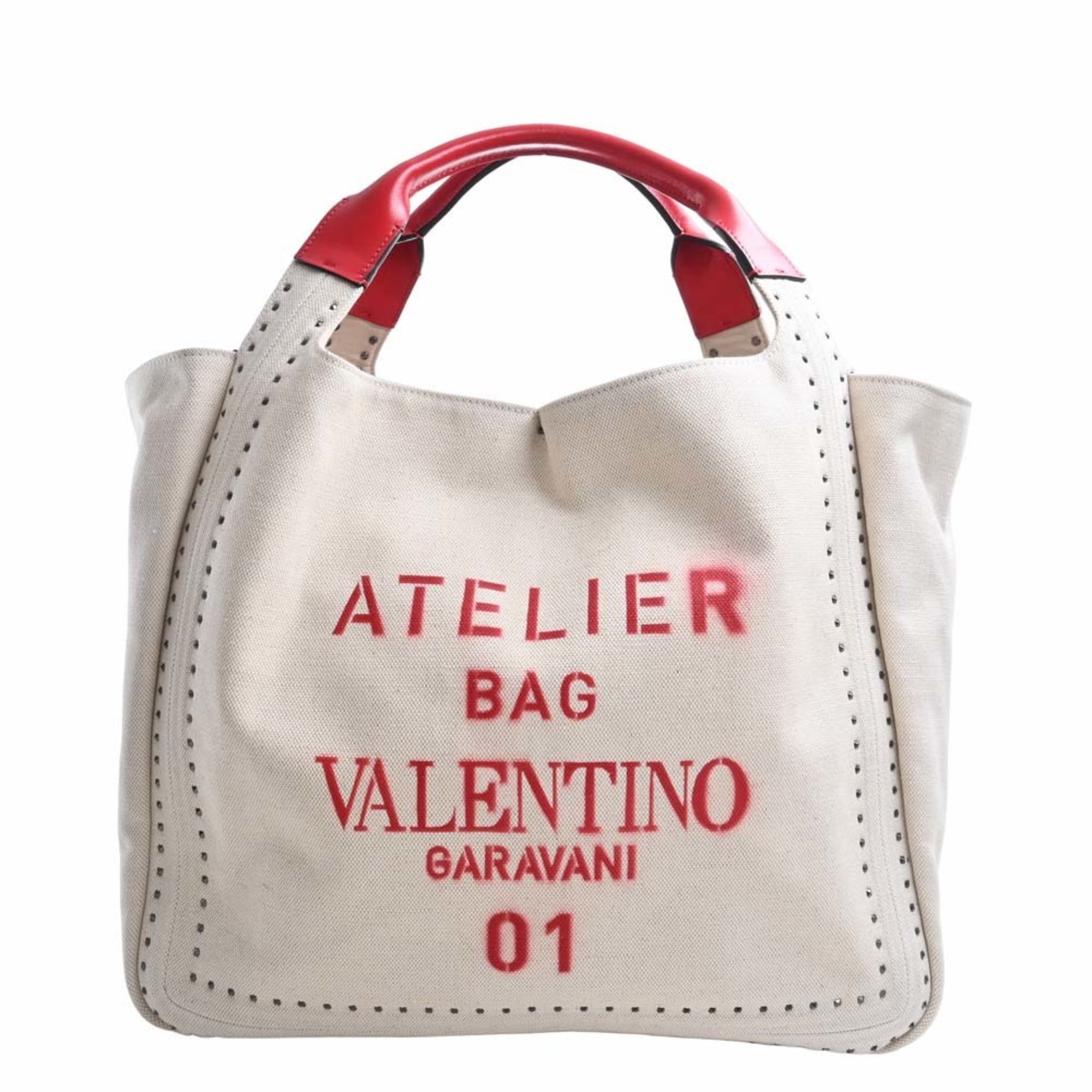 VALENTINO Canvas Leather Atelier 01 Studded Tote Bag Ivory Red