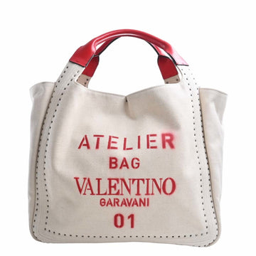 VALENTINO Canvas Leather Atelier 01 Studded Tote Bag Ivory Red Ladies