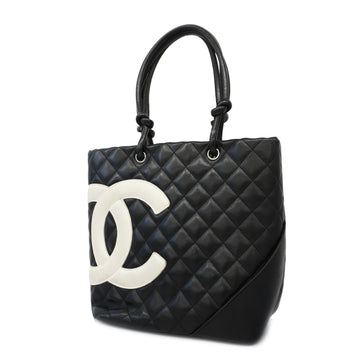 Chanel tote bag cambon line leather black silver metal