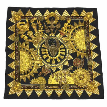 HERMES Scarf Muffler Carre 90 L'OR DES CHEFS Gold of the Chiefs 100% Silk Black