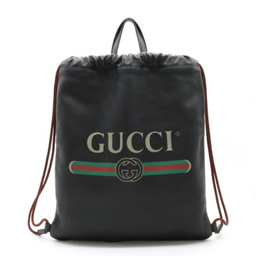 GUCCI Print Drawstring Backpack Rucksack Tote Bag Leather Black 516639