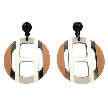 Hermes H Equip Earrings Brown Buffalo Horn Lacquer Accessories Women's