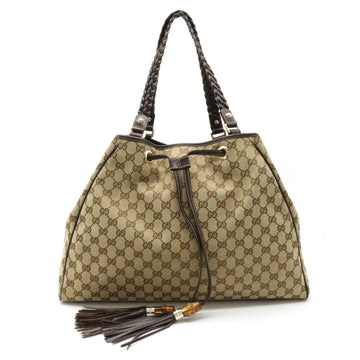 GUCCI GG Canvas Tote Bag Shoulder Tassel Leather Khaki Beige Dark Brown 170206