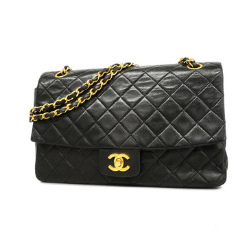 Chanel Matelasse W Chain Women's Leather Shoulder Bag Black