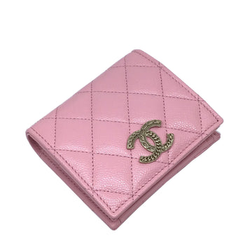 CHANEL matelasse bi-fold wallet caviar skin pink gold metal fittings compact coco mark chain ladies