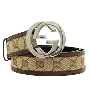 GUCCI belt beige brown silver interlocking 114876 40mm canvas leather  waist long GG men