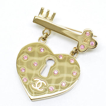 Chanel Brooch Heart Lock Key Gold Pink Rhinestone Pin Ladies