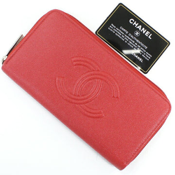 CHANEL long wallet zip caviar skin leather red round here mark ladies matelasse A50071 coin purse