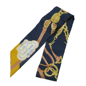 HERMES Twilly Muffler/Scarf Brid de Gala Applique Pique Marine Beige Dress Gold Silk