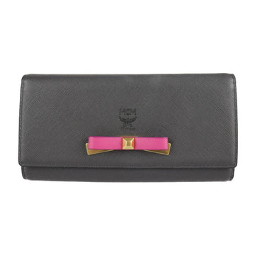 MCM trifold wallet 5SLL53 EC001 leather dark gray pink gold metal fittings long ribbon