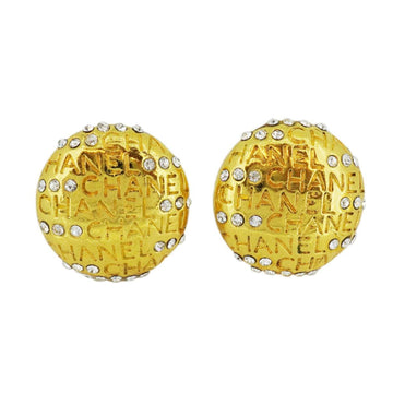 CHANEL Earrings Vintage Logo Round Circle Rhinestone GP Plated Gold Women's