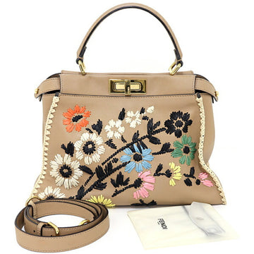 FENDI Peekaboo 2way Shoulder Handbag Flower Embroidery 8BN290 Beige Multicolor