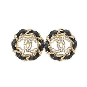 CHANEL Coco Mark Rhinestone Round Earrings Leather Gold Black B22S Accessories