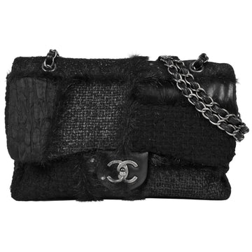 CHANEL Patchwork Tweed Fur Coco Mark Chain Shoulder Bag No. 14 [Made] Black