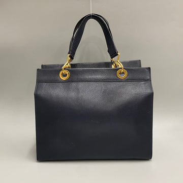CELINE Vintage Circle Logo Gold Hardware Leather Genuine Handbag Tote Bag Navy 23550