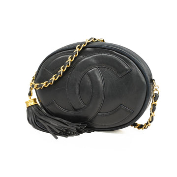 Chanel shoulder bag chain shoulder with fringe lambskin black gold Metal