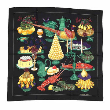 HERMES Scarf Carre 90 Supper Lobster Shrimp Black Silk 100%