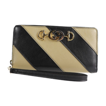 GUCCI Zumi Interlocking G Long Wallet 574779 Leather Beige Black Round Zipper Zip Around Strap