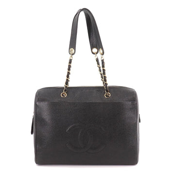 Chanel caviar skin here mark chain tote bag black gold metal fittings vintage Chain Tote Bag