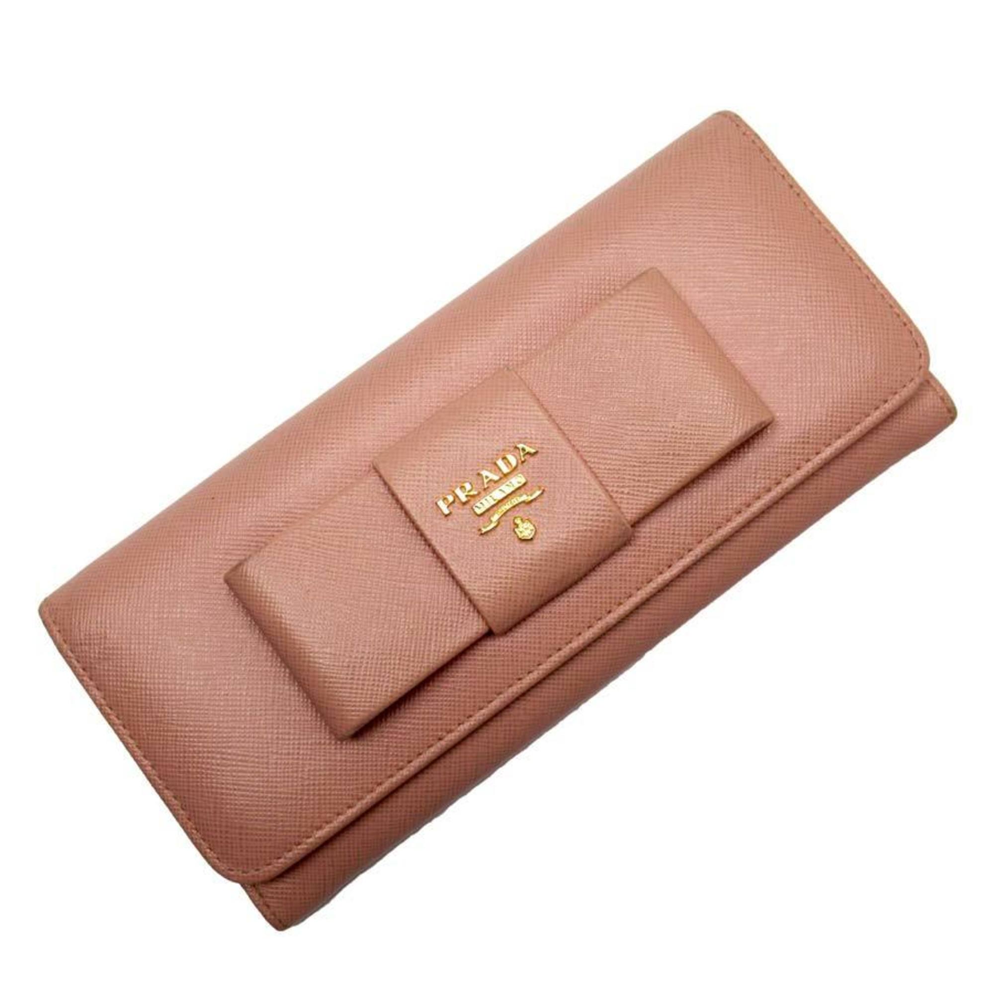 Prada Bi-Fold Wallet Ribbon Pink Gold Saffiano Leather