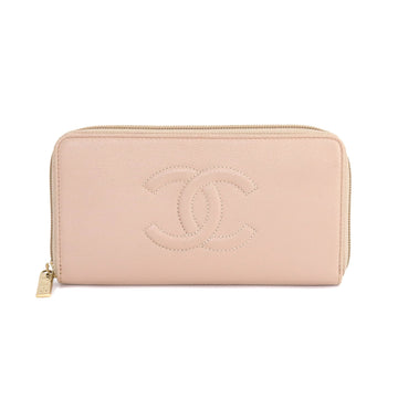 CHANEL Round Zipper Long Wallet Caviar Skin Leather Beige A50071 Silver Hardware