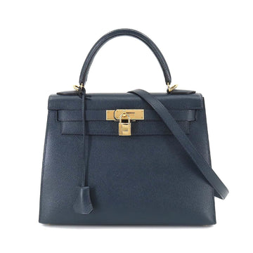 HERMES Kelly 28 2way hand shoulder bag Kushbel Epson navy D stamping outside stitching gold metal fittings 32