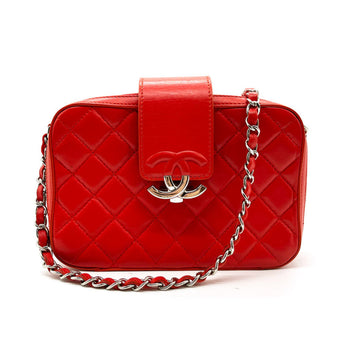 CHANEL Crossbody Shoulder Bag Chain Matelasse Half Coco Lambskin Red Women's