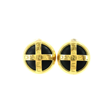 Chanel logo cross round type earrings black gold 95P vintage accessories