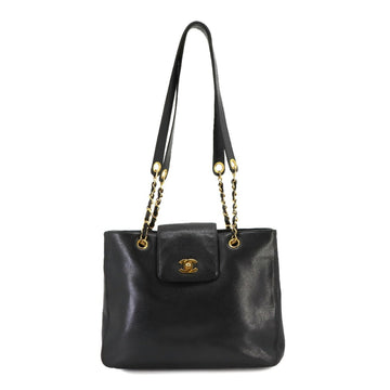 CHANEL Caviar Skin Chain Tote Bag Black Coco Mark Gold Hardware Vintage