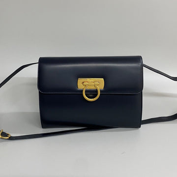 SALVATORE FERRAGAMO Gancini Hardware Calf Leather Genuine Shoulder Bag Pochette Navy