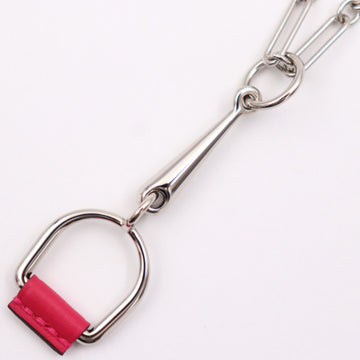 HERMES Equestre PM Necklace Metal Leather Silver Pink Chain Pendant