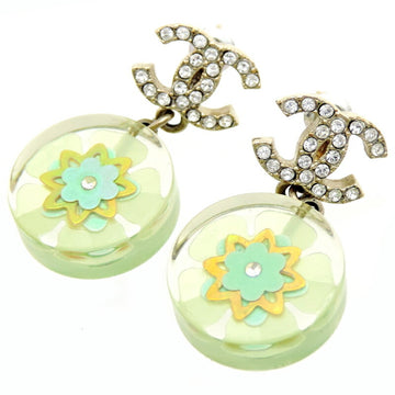 CHANEL Coco Mark Flower Rhinestone Women's Earrings Metal Green