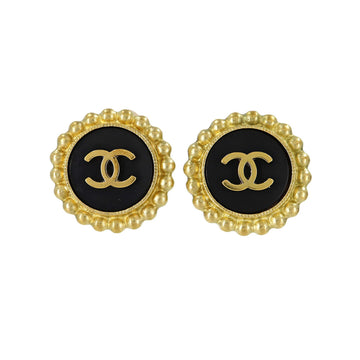 Chanel round type here mark earrings black gold 95P vintage accessories