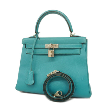 HERMES[3za1188] Auth  2WAY Bag Kelly 25 I Stamped Chevre Turquoise Silver Metal