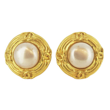 CHANEL Earrings Vintage Coco Mark Round Circle Fake Pearl GP Plated Gold 93P Ladies