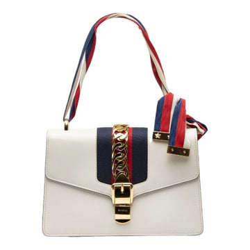 GUCCI Sherry Line Sylvie Shoulder Bag 421882 White Navy Red Leather Ladies