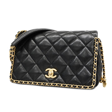 CHANELAuth  Matelasse W-chain Women's Caviar Leather Shoulder Bag Black