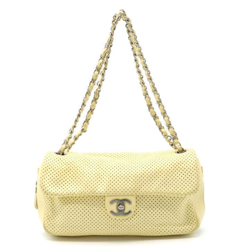 CHANEL Coco Mark Punching Shoulder Bag Chain Leather Bicolor Yellow Green