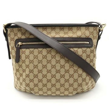 GUCCI GG Canvas Shoulder Bag Leather Khaki Beige Dark Brown 388930