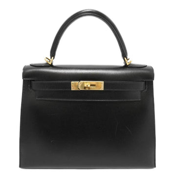 HERMES Kelly 28 Handbag Shoulder Bag Black/G Hardware Box Calf G Stamp Women's Men's