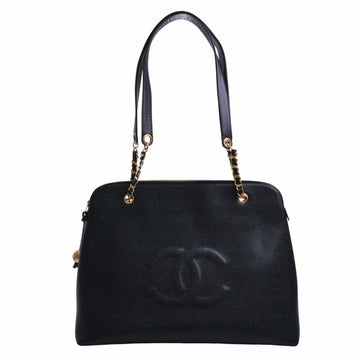 CHANEL Caviar Skin Coco Mark Chain Tote Bag Black Ladies