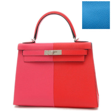 HERMES Kelly 28 Kazak Handbag Epson Rouge Koo/Rose Extreme/Blue Zanzibar