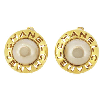 CHANEL earrings vintage logo round circle fake pearl GP plated gold white ladies