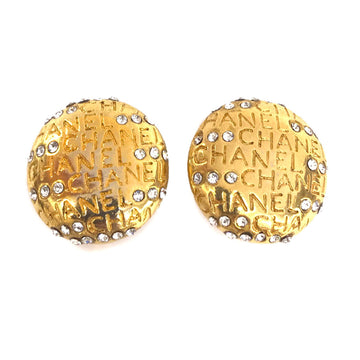 Chanel round type logo rhinestone earrings gold vintage accessories