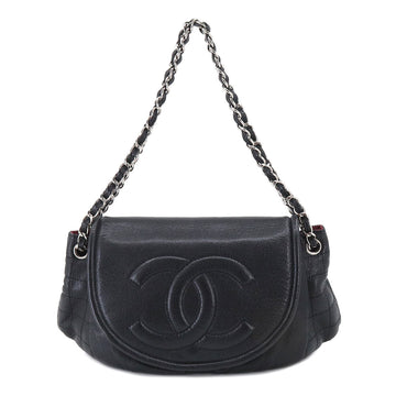 CHANEL Matelasse Half Moon Chain Shoulder Bag Caviar Skin Black Silver Hardware